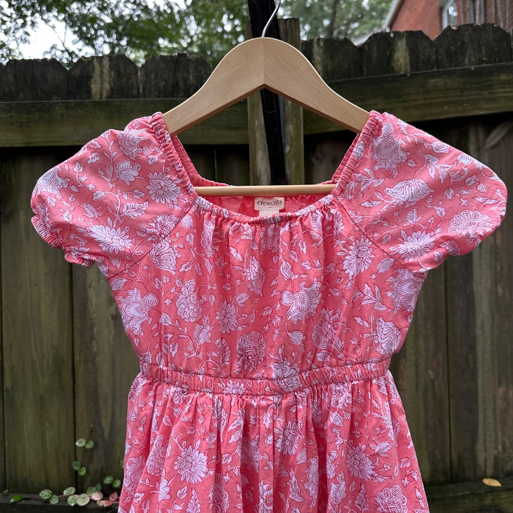 Crewcuts Girls Floral Print Dress Bubble Hem Short Sleeve Coral Pink Cotton Sz 6 - Picture 3 of 8